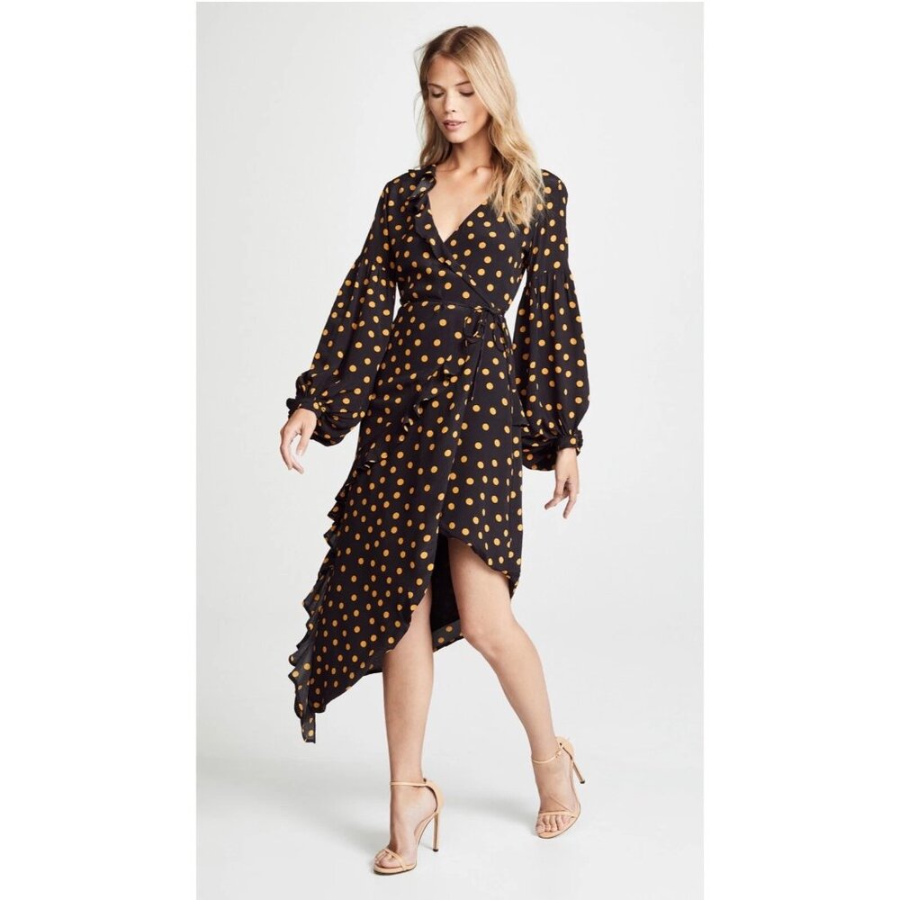 Capulet Pansy Gold Polka Dot Wrap Midi Dress Black M